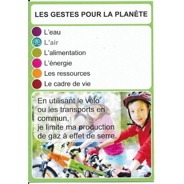 Les gestes pour la planète 2- les enfants font du vélo pour limiter leur production de gaz à effet de serre.