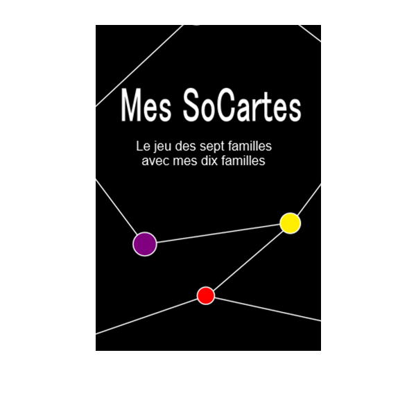 La boîte des SoCartes à fabriquer. trois cercles, un violet, un jaune et un orange, sont reliés par des lignes blanches sur fond noir. Il est écrit Mes SoCartes, le jeu des sept familles avec mes dix familles.